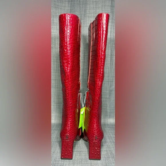 Sam Edelman Sylvia Knee High Wide Calf Leather Boot Cherry Crocodile Size 8.5M - Picture 5 of 8